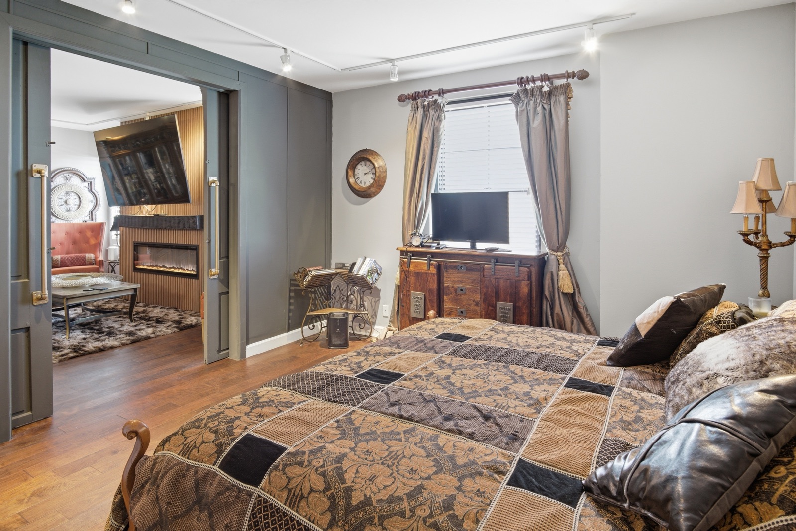 Bedroom closets with framed mirror